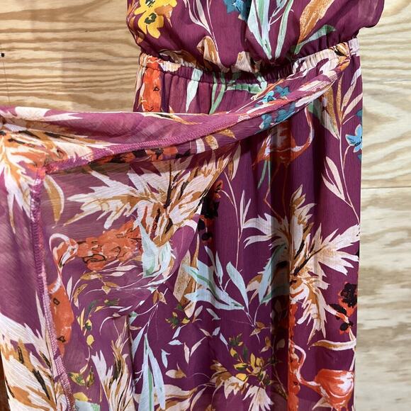 Express Women Maroon Floral Maxi Dress XS Ruffle High Low Flowy Fairy Festival - Picture 6 of 16